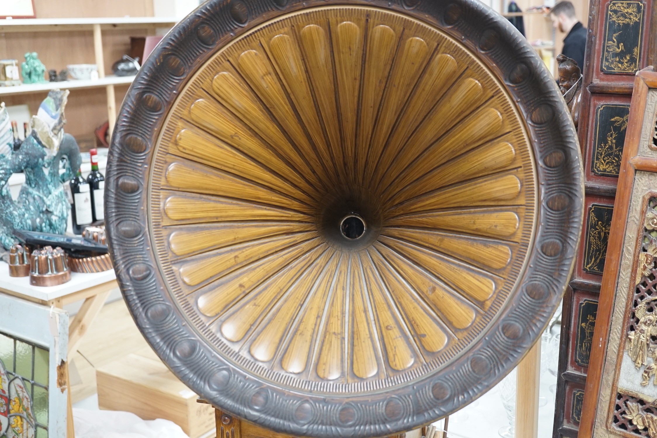 An early 20th century table top Gramophone, with large metal horn, 80cms high